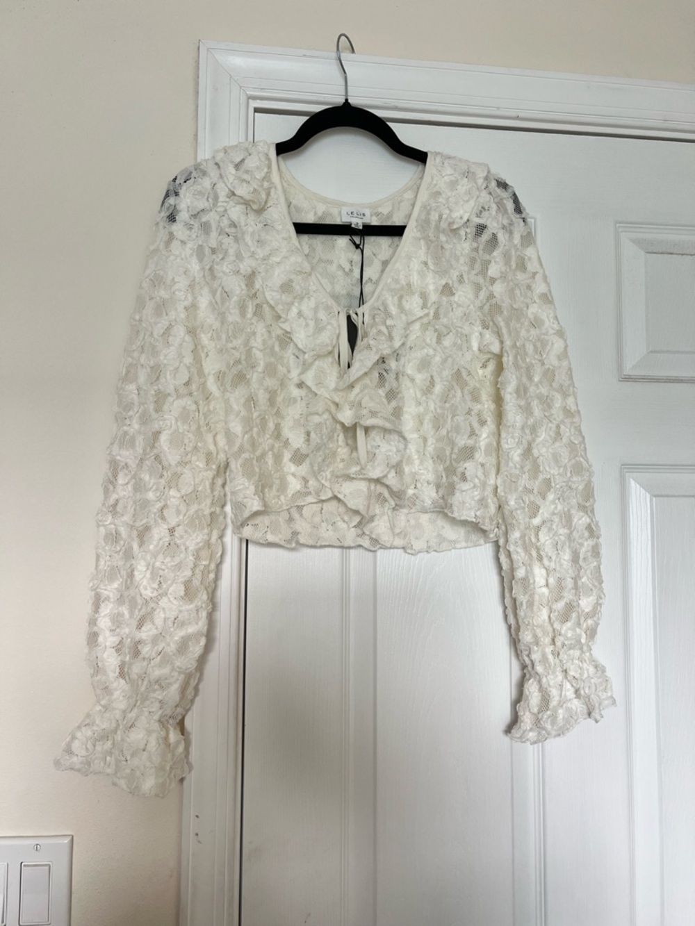 Le Lis Ivory Lace Ruffle Front Blouse